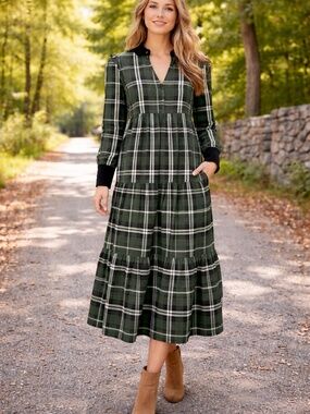 tuckernuck green plaid dress Forest Plaid Wool Rhoda Midi Dress